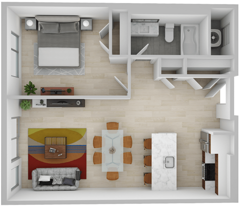 Floor plan for 1 bed, 1 bath, 673 sqft